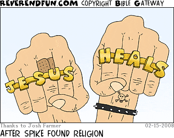 DESCRIPTION: Two fists with brass knuckles that read &quot;jesus&quot; and &quot;heals&quot; CAPTION: AFTER SPIKE FOUND RELIGION