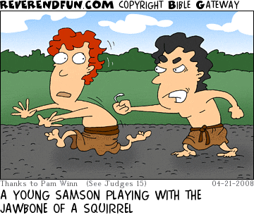 DESCRIPTION: Young Samson holding a small bone, young philistine running away scared CAPTION: A YOUNG SAMSON PLAYING WITH THE JAWBONE OF A SQUIRREL