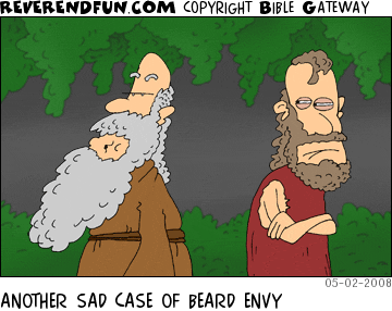 DESCRIPTION: Man with medium beard looking angrily at man with bigger beard. CAPTION: ANOTHER SAD CASE OF BEARD ENVY
