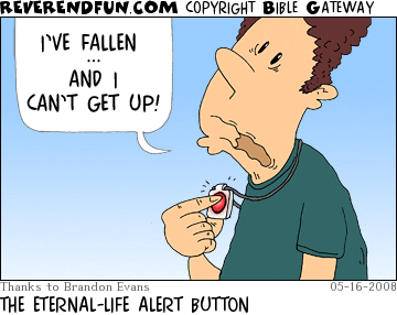 DESCRIPTION: Man pushing white button with red light on it and looking up CAPTION: THE ETERNAL-LIFE ALERT BUTTON