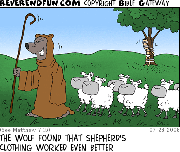 DESCRIPTION: Wolf dressed in shepherd's outfit, sheep following.  Shepherd in background tied to tree. CAPTION: THE WOLF FOUND THAT SHEPHERD'S CLOTHING WORKED EVEN BETTER