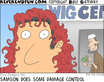 DESCRIPTION: Samson leaving a wig shot, sporting a nice red wig CAPTION: SAMSON DOES SOME DAMAGE CONTROL