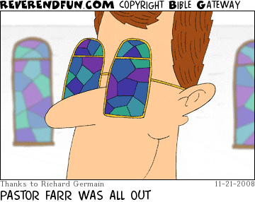 DESCRIPTION: Pastor wearing stained-glass sunglasses CAPTION: PASTOR FARR WAS ALL OUT