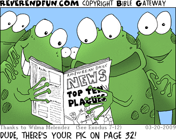 DESCRIPTION: Frogs reading a newspaper CAPTION: DUDE, THERE'S YOUR PIC ON PAGE 32!