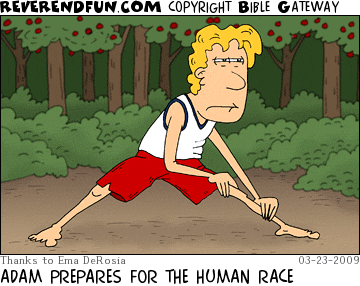DESCRIPTION: Adam in running gear, doing stretches CAPTION: ADAM PREPARES FOR THE HUMAN RACE