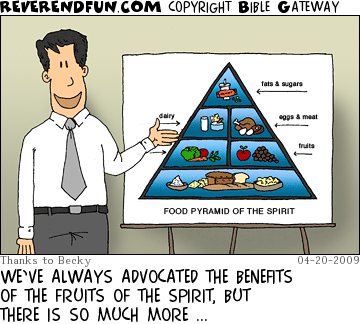 DESCRIPTION: Man showing chart of the food pyramid of the spirit CAPTION: WE’VE ALWAYS ADVOCATED THE BENEFITS OF THE FRUITS OF THE SPIRIT, BUT THERE IS SO MUCH MORE ...