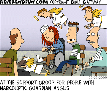 DESCRIPTION: People in various states of injury. Angels looking tired or anxious. CAPTION: AT THE SUPPORT GROUP FOR PEOPLE WITH NARCOLEPTIC GUARDIAN ANGELS