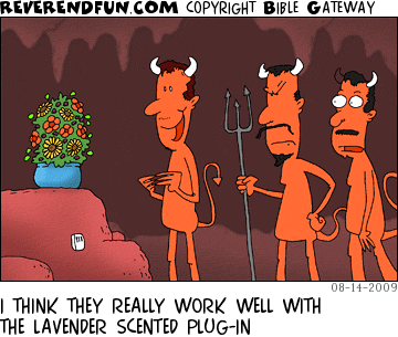DESCRIPTION: Devils in hell looking at some flowers and a scented plug-in CAPTION: I THINK THEY REALLY WORK WELL WITH THE LAVENDER SCENTED PLUG-IN