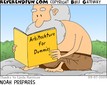 DESCRIPTION: Noah reading 'Arkitechture for Dummies' CAPTION: NOAH PREPARES