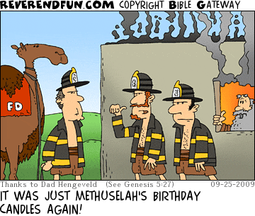 DESCRIPTION: Firefighters coming out of a house on fire, Methuselah waving from window CAPTION: IT WAS JUST METHUSELAH'S BIRTHDAY CANDLES AGAIN!