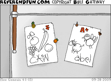 DESCRIPTION: Young Cain and Abel drawings on the fridge, one with fruits and F and the other with meat and A+ CAPTION: 