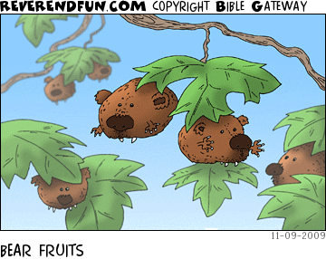 DESCRIPTION: Branches with small bears hanging off CAPTION: BEAR FRUITS