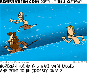 DESCRIPTION: Man plodding through water after Peter, who is running on top, and Moses, who has separated a nice track CAPTION: HOZEKIAH FOUND THIS RACE WITH MOSES AND PETER TO BE GROSSLY UNFAIR