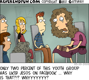 DESCRIPTION: Youth group gathering CAPTION: ONLY TWO PERCENT OF THIS YOUTH GROUP HAS LIKED JESUS ON FACEBOOK ... WHY IS THAT?!? WHYYYYYYY?