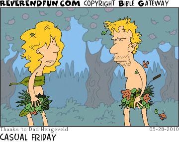 DESCRIPTION: Adam and Eve wearing casual leaves and looking mellow CAPTION: CASUAL FRIDAY