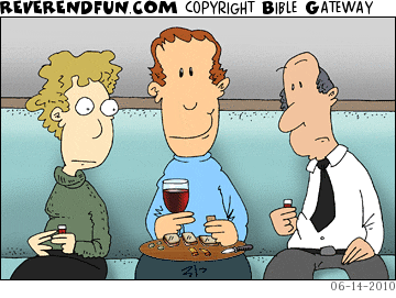 DESCRIPTION: During communion.  Churchgoers with their mini-glasses of wine.  One guy has a full glass and a cheese/cracker plate. CAPTION: 