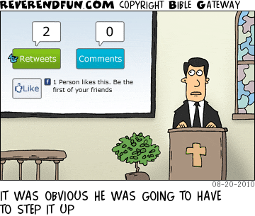 DESCRIPTION: Pastor looking at social network stats that are based on his sermon CAPTION: IT WAS OBVIOUS HE WAS GOING TO HAVE TO STEP IT UP