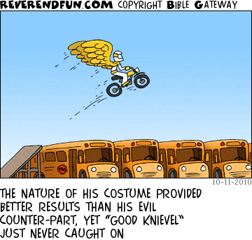 DESCRIPTION: Man costumed with huge wings jumping over buses CAPTION: THE NATURE OF HIS COSTUME PROVIDED BETTER RESULTS THAN HIS EVIL COUNTER-PART, YET “GOOD KNIEVEL” JUST NEVER CAUGHT ON