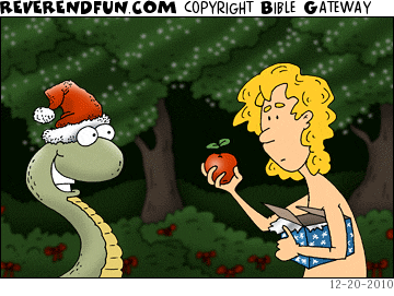 DESCRIPTION: Serpent giving Eve an apple for Christmas CAPTION: 