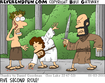 DESCRIPTION: Jesus picking up the ear that Peter cut off of the servant CAPTION: FIVE SECOND RULE!
