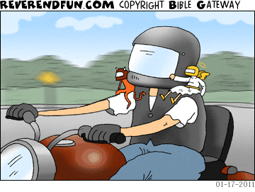 DESCRIPTION: Motorcycle rider with angel and devil on shoulders. Both are wearing helmets. CAPTION: 