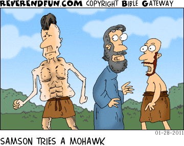 DESCRIPTION: Samson with a mohawk and a body half built, half skinny CAPTION: SAMSON TRIES A MOHAWK