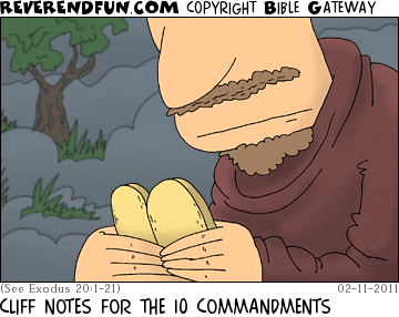 DESCRIPTION: Man reading tiny yellow tablets CAPTION: CLIFF NOTES FOR THE 10 COMMANDMENTS