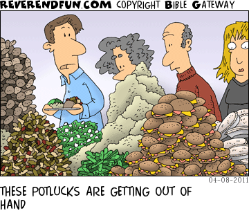 DESCRIPTION: People surrounded by gigantic piles of food CAPTION: THESE POTLUCKS ARE GETTING OUT OF HAND