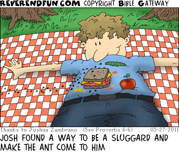DESCRIPTION: Man laying on a picnic table with food on his belly watching ants crawl on him CAPTION: JOSH FOUND A WAY TO BE A SLUGGARD AND MAKE THE ANT COME TO HIM