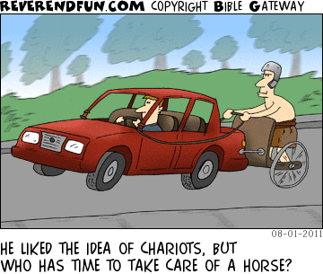DESCRIPTION: Man in a chariot getting pulled behind a car CAPTION: HE LIKED THE IDEA OF CHARIOTS, BUT WHO HAS TIME TO TAKE CARE OF A HORSE?