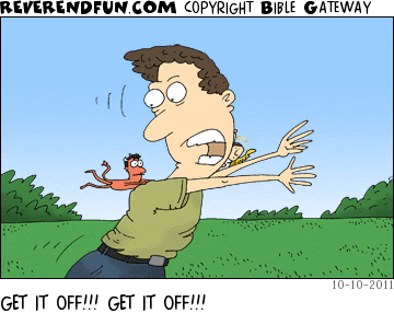 DESCRIPTION: Man running and looking at the devil on his shoulder CAPTION: GET IT OFF!!! GET IT OFF!!!