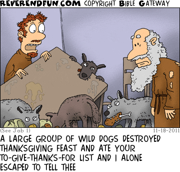 DESCRIPTION: Job looking on as dogs eat Thanksgiving feast CAPTION: A LARGE GROUP OF WILD DOGS DESTROYED THANKSGIVING FEAST AND ATE YOUR TO-GIVE-THANKS-FOR LIST AND I ALONE ESCAPED TO TELL THEE