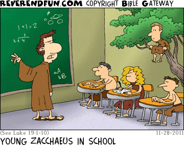 DESCRIPTION: Zacchaeus attending class in a tree CAPTION: YOUNG ZACCHAEUS IN SCHOOL