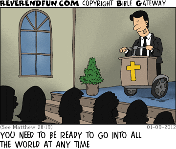 DESCRIPTION: Preacher on a segway-enabled pulpit CAPTION: YOU NEED TO BE READY TO GO INTO ALL THE WORLD AT ANY TIME