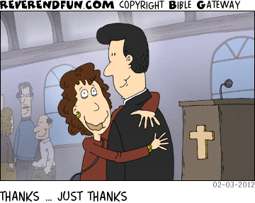 DESCRIPTION: Lady hugging her pastor CAPTION: THANKS … JUST THANKS