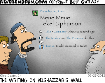 DESCRIPTION: People looking at the writing on Belshazzar's wall in a social network context, with likes and comments CAPTION: THE WRITING ON BELSHAZZAR'S WALL