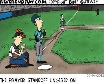 DESCRIPTION: A catcher and a batter both praying CAPTION: THE PRAYER STANDOFF LINGERED ON