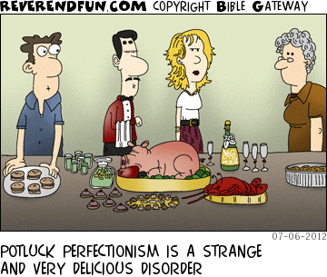 DESCRIPTION: Woman at a potluck with a huge and elaborate spread CAPTION: POTLUCK PERFECTIONISM IS A STRANGE AND VERY DELICIOUS DISORDER