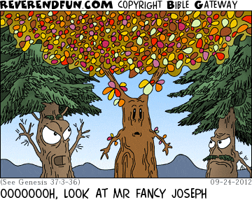 DESCRIPTION: Two pines looking angrily at another tree that is changing colors CAPTION: OOOOOOOH, LOOK AT MR FANCY JOSEPH