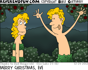 DESCRIPTION: Adam talking to Eve in the garden CAPTION: MERRY CHRISTMAS, EVE