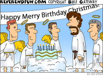 DESCRIPTION: Angels having a Christmas/birthday party for Jesus CAPTION: 