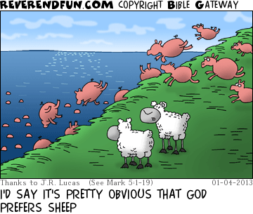 DESCRIPTION: Sheep watching pigs run over the cliff CAPTION: I'D SAY IT'S PRETTY OBVIOUS THAT GOD PREFERS SHEEP