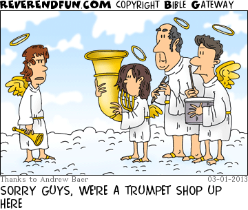 DESCRIPTION: Band with various instruments talking to a guy with a trumpet CAPTION: SORRY GUYS, WE'RE A TRUMPET SHOP UP HERE