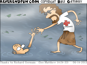 DESCRIPTION: Jesus wearing a lifeguard shirt while saving Peter CAPTION: 