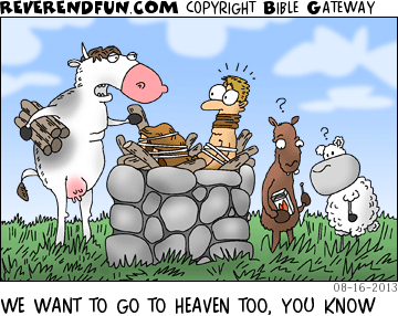 DESCRIPTION: Animals preparing to sacrifice a human CAPTION: WE WANT TO GO TO HEAVEN TOO, YOU KNOW