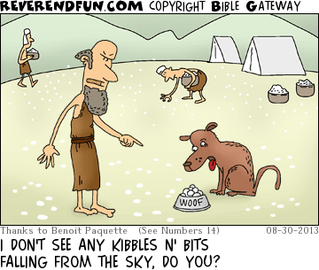 DESCRIPTION: Man talking to dog CAPTION: I DON'T SEE ANY KIBBLES N' BITS FALLING FROM THE SKY, DO YOU?