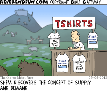 DESCRIPTION: Shem manning a tshirt stand with the ark in the background CAPTION: SHEM DISCOVERS THE CONCEPT OF SUPPLY AND DEMAND