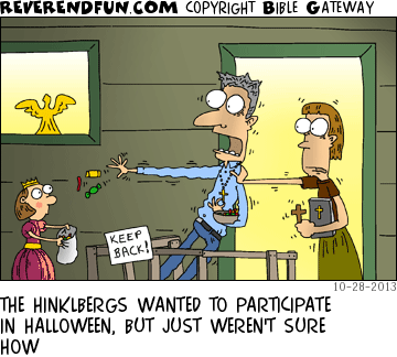 DESCRIPTION: People giving candy to trick or treater while full of fear CAPTION: THE HINKLBERGS WANTED TO PARTICIPATE IN HALLOWEEN, BUT JUST WEREN'T SURE HOW