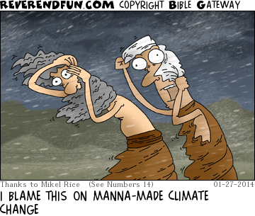 DESCRIPTION: Two men dodging manna in storm CAPTION: I BLAME THIS ON MANNA-MADE CLIMATE CHANGE