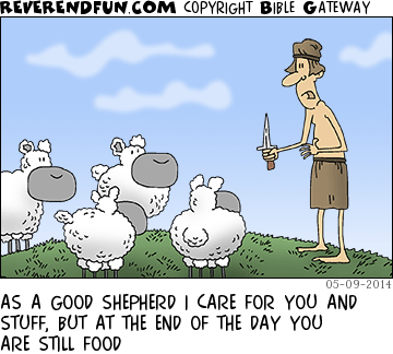 DESCRIPTION: Shepherd approaching sheep with a knife CAPTION: AS A GOOD SHEPHERD I CARE FOR YOU AND STUFF, BUT AT THE END OF THE DAY YOU ARE STILL FOOD